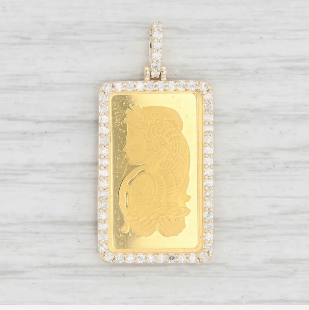 New Diamond Halo Pamp Fortuna Swiss Gold Bar Pendant 999 14k Yellow Gold 2.5 gra